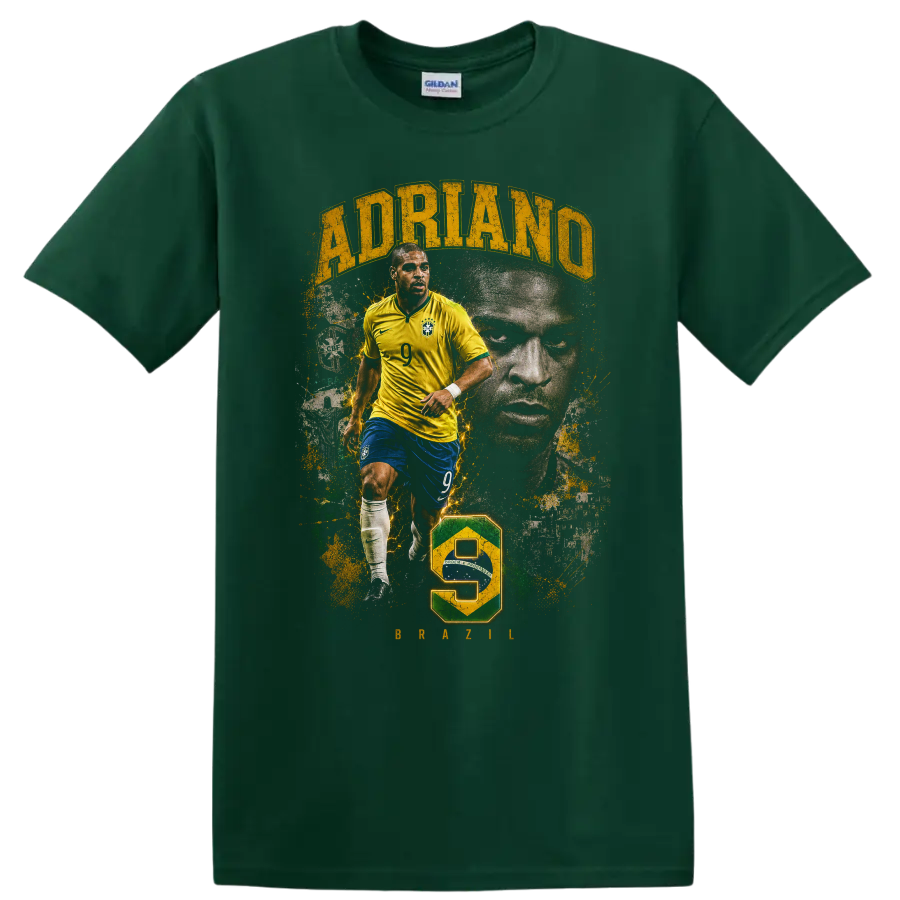 Adriano Brazil soccer graphic with action pose, portrait, and number 9 on a Forest Green T Shirt