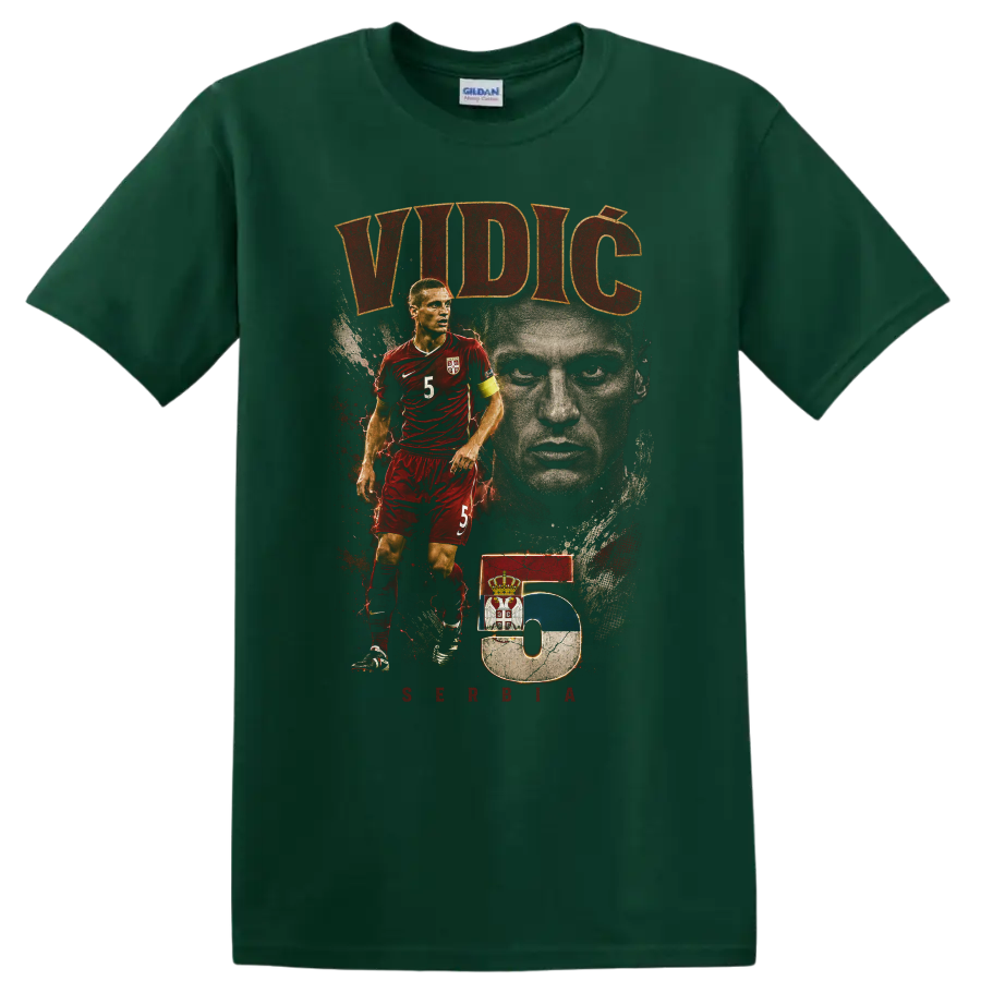 Nemanja Vidic Serbia soccer portrait graphic with VIDIĆ and number 5 on a Forest Green T Shirt