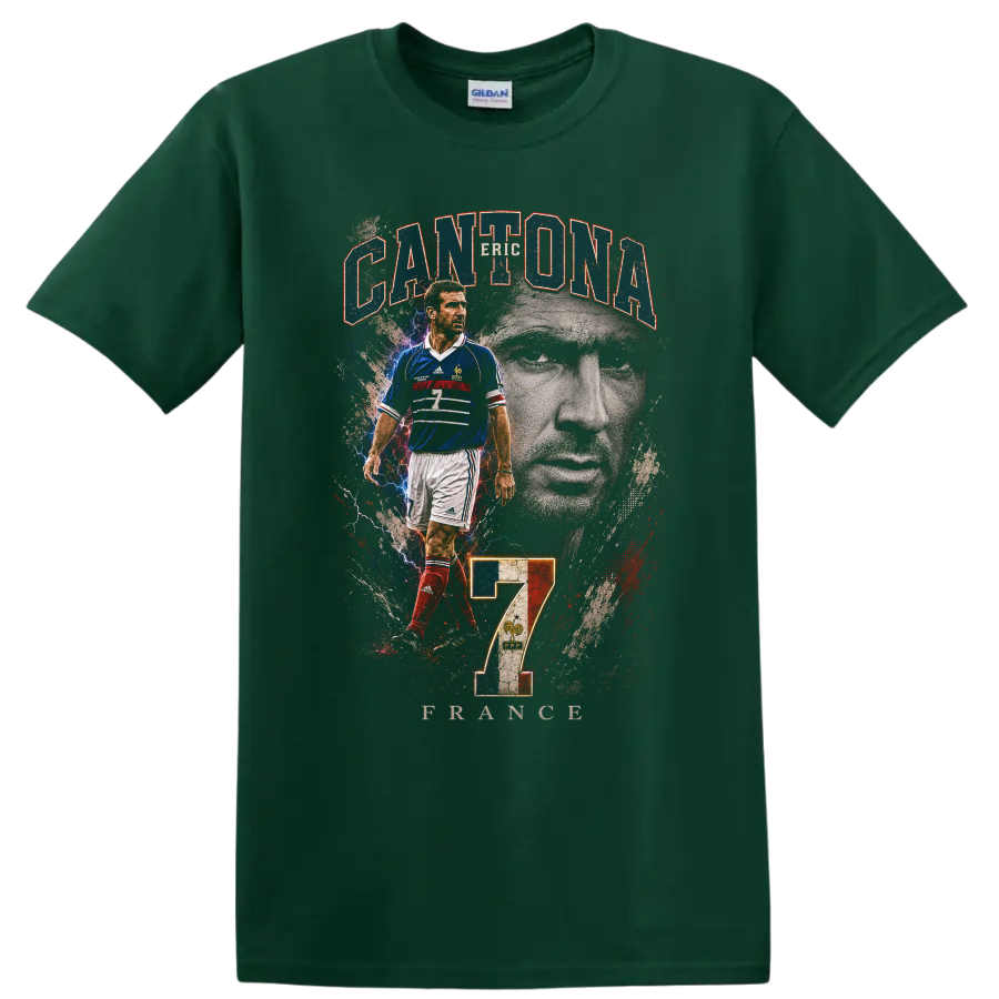 Eric Cantona France soccer graphic with portrait, CANTONA, FRANCE, and number 7 on a Forest Green T Shirt