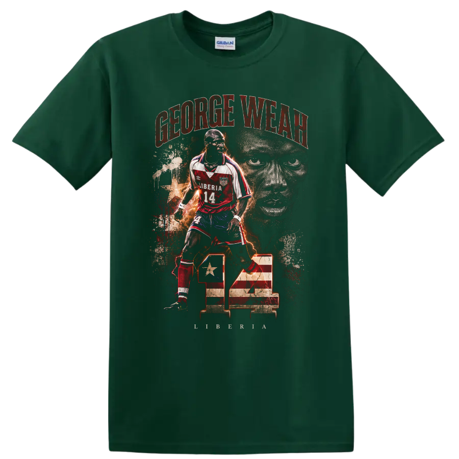 George Weah Liberia soccer number 14 distressed portrait graphic on a Forest Green T Shirt