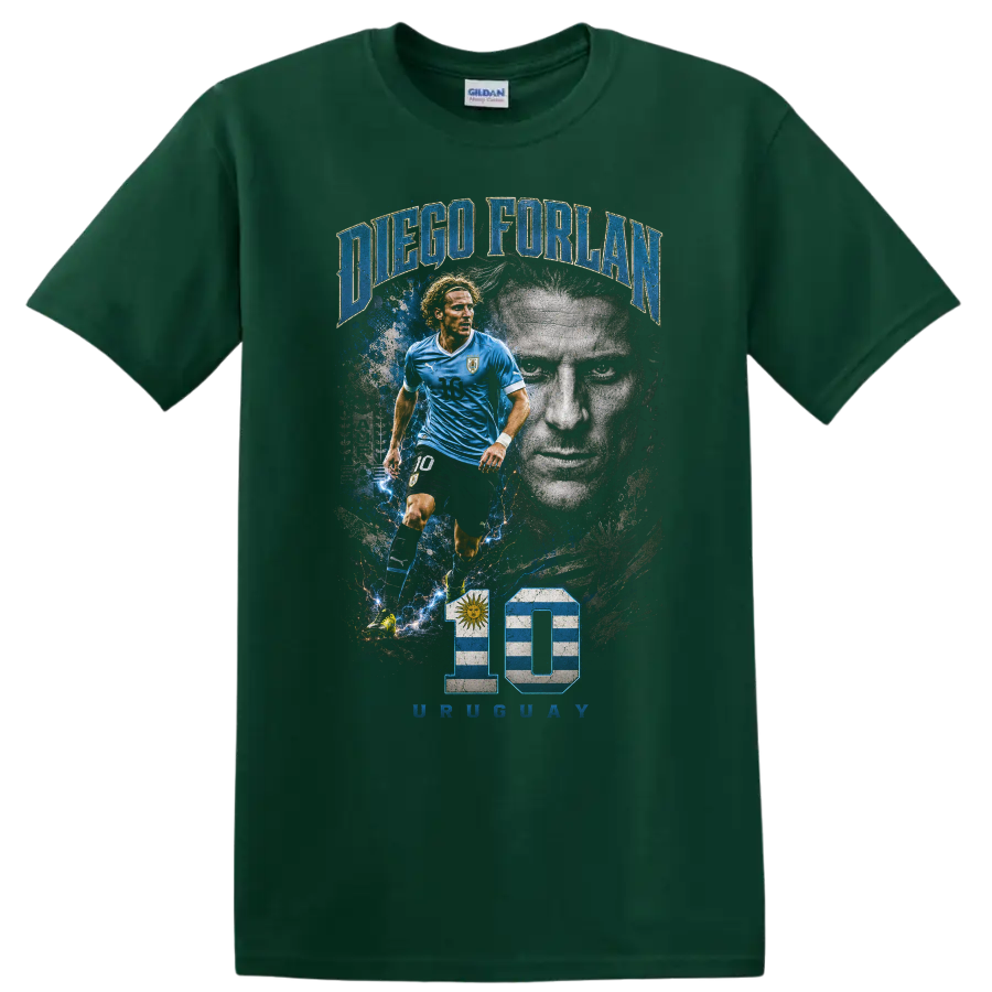 Diego Forlán Uruguay soccer action portrait graphic with number 10 on a Forest Green T Shirt