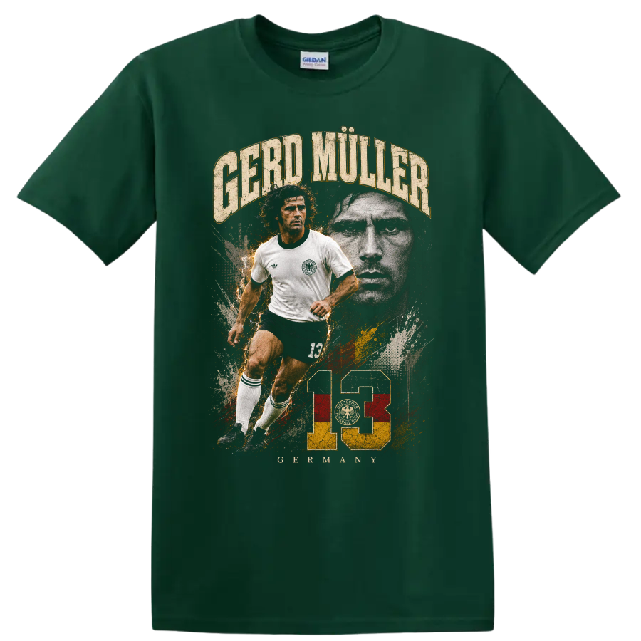 Gerd Müller soccer action portrait with distressed 13 vintage graphic on a Forest Green T Shirt