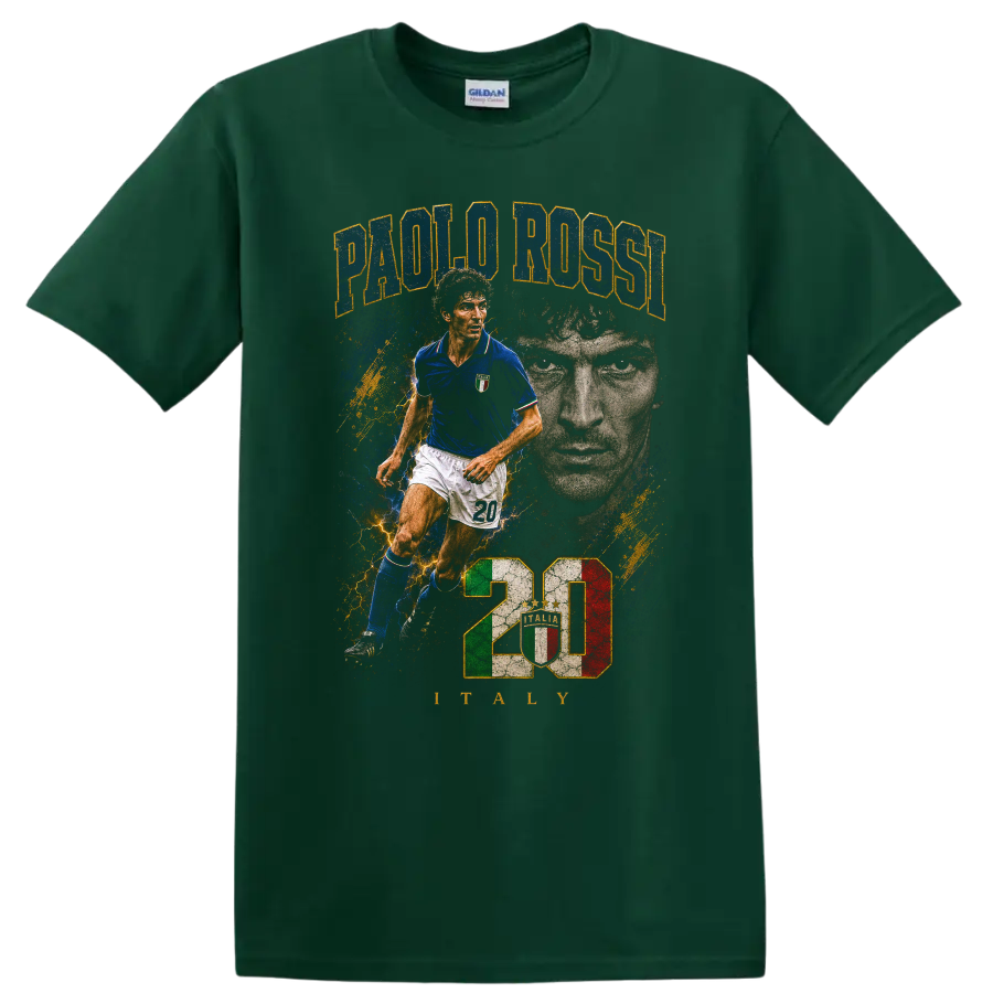 Paolo Rossi Italy soccer player vintage portrait and action graphic on a Forest Green T Shirt