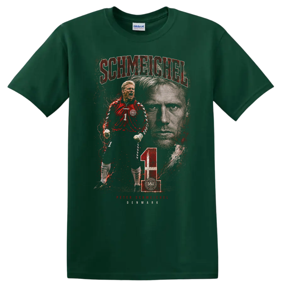 Peter Schmeichel Denmark goalkeeper soccer graphic portrait on a Forest Green T Shirt