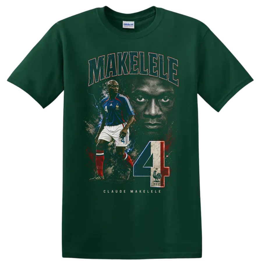 Claude Makelele France soccer portrait with MAKÉLÉLÉ text and number 4 on a Forest Green T Shirt