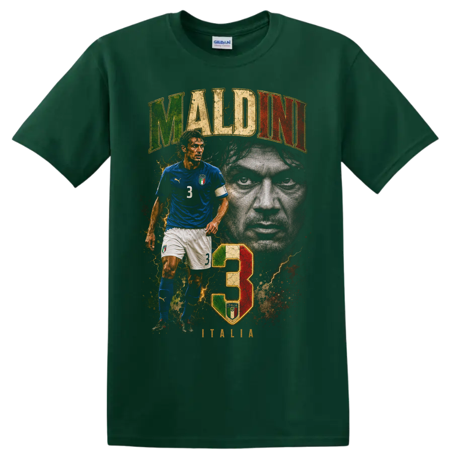 Paolo Maldini Italy soccer graphic with portrait, number 3, and MALDINI text on a Forest Green T Shirt