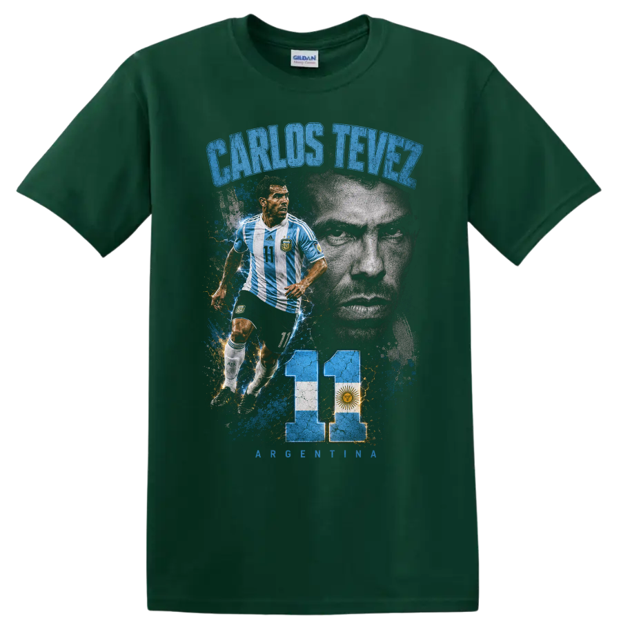 Carlos Tevez Argentina soccer portrait graphic with number 11 and flag on a Forest Green T Shirt
