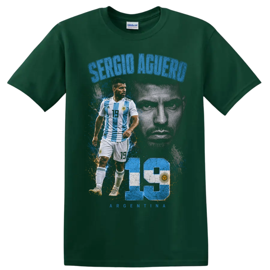 Sergio Agüero Argentina soccer tribute graphic with portrait and number 19 on a Forest Green T Shirt