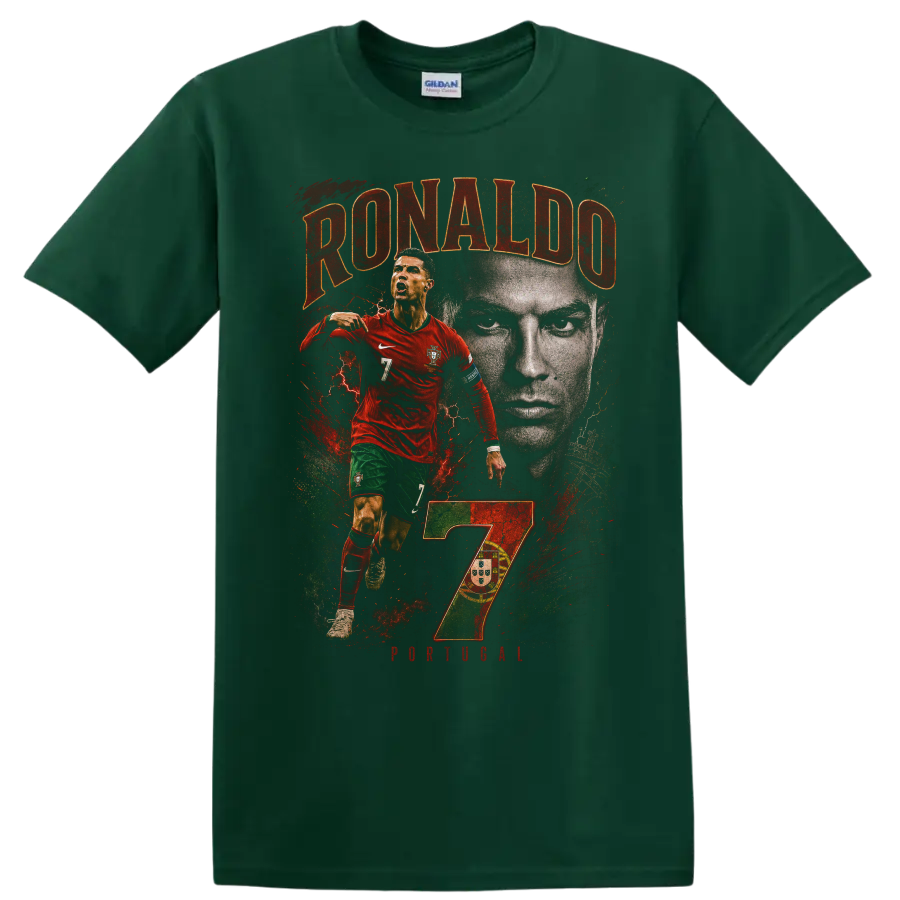 Cristiano Ronaldo Portugal soccer collage with RONALDO and number 7 on a Forest Green T Shirt