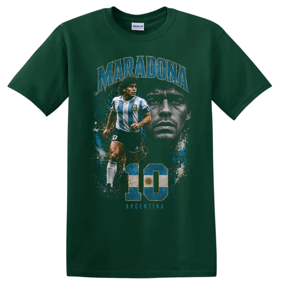 Diego Maradona Argentina soccer collage with number 10 graphic print on a Forest Green T Shirt