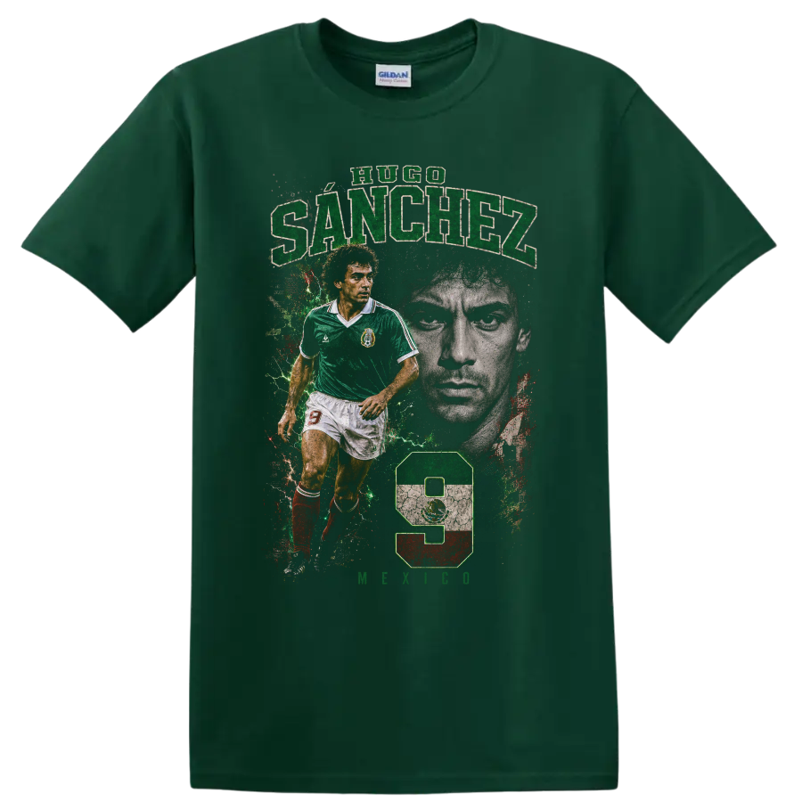 Hugo Sánchez Mexico soccer tribute graphic with number 9 on a Forest Green T Shirt