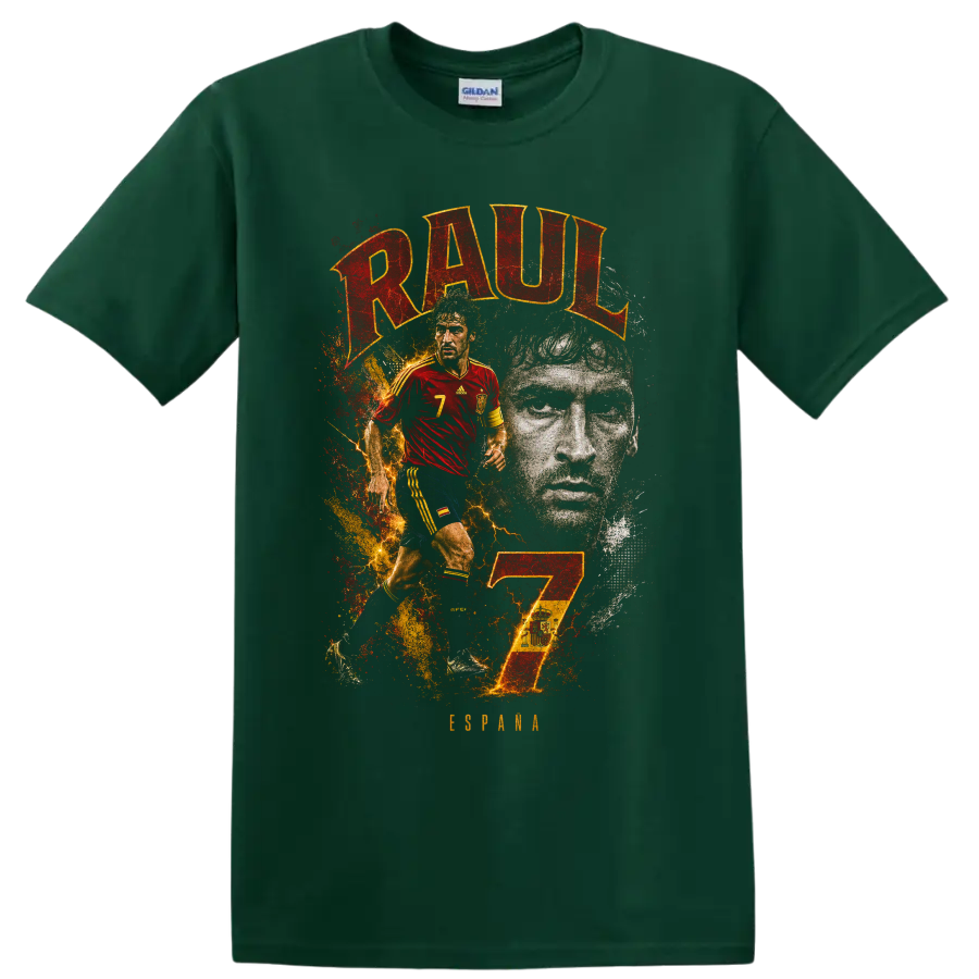Raúl González soccer tribute graphic with RAUL lettering and number 7 on a Forest Green T Shirt