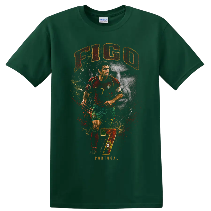 Luís Figo Portugal soccer portrait with number 7 and distressed graphic design on a Forest Green T Shirt