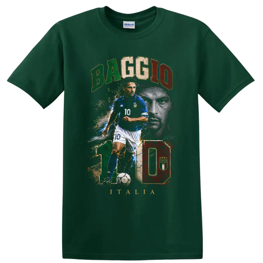Roberto Baggio Italy soccer action portrait with number 10 graphic on a Forest Green T Shirt