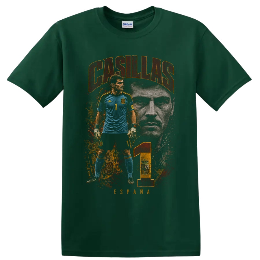 Iker Casillas Spain goalkeeper portrait with CASILLAS text and number 1 on a Forest Green T Shirt