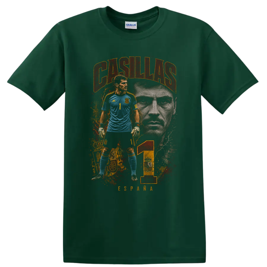Iker Casillas Spain goalkeeper portrait graphic with number 1 on a Forest Green T Shirt