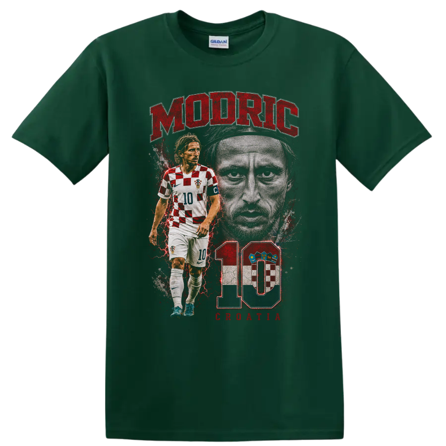 Luka Modric Croatia soccer portrait graphic with MODRIC and number 10 on a Forest Green T Shirt