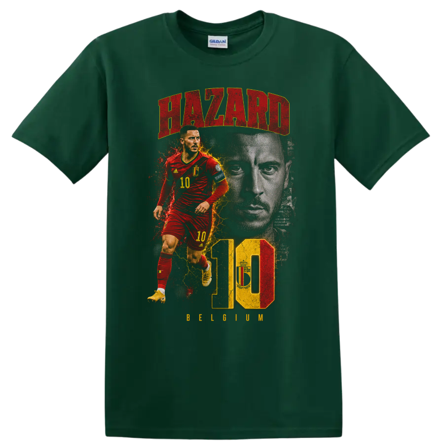 Eden Hazard Belgium soccer graphic with HAZARD, number 10, and BELGIUM on a Forest Green T Shirt