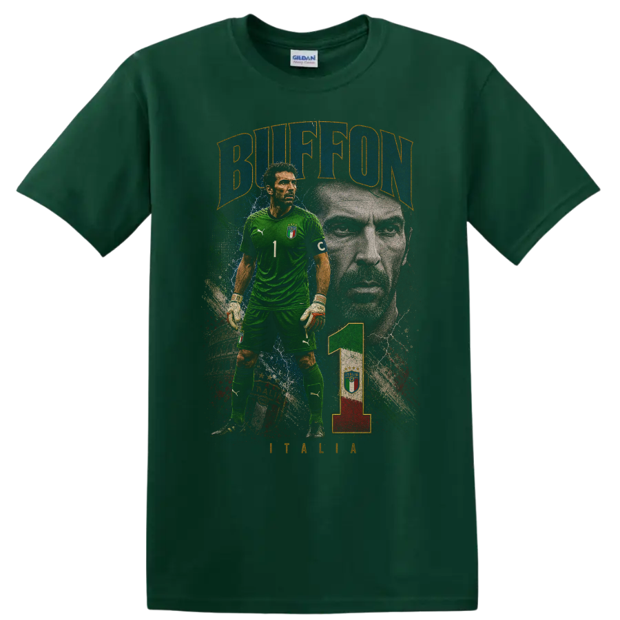 Gianluigi Buffon Italy goalkeeper portrait graphic with BUFFON text on a Forest Green T Shirt