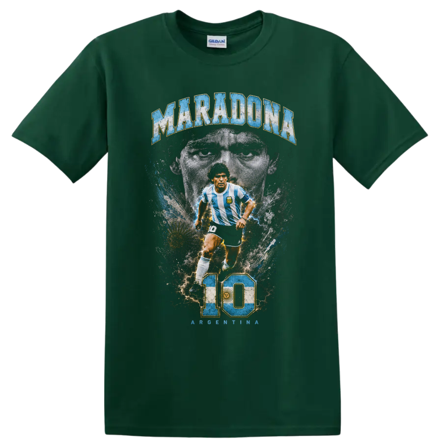Diego Maradona Argentina soccer graphic with number 10 and portrait on a Forest Green T Shirt