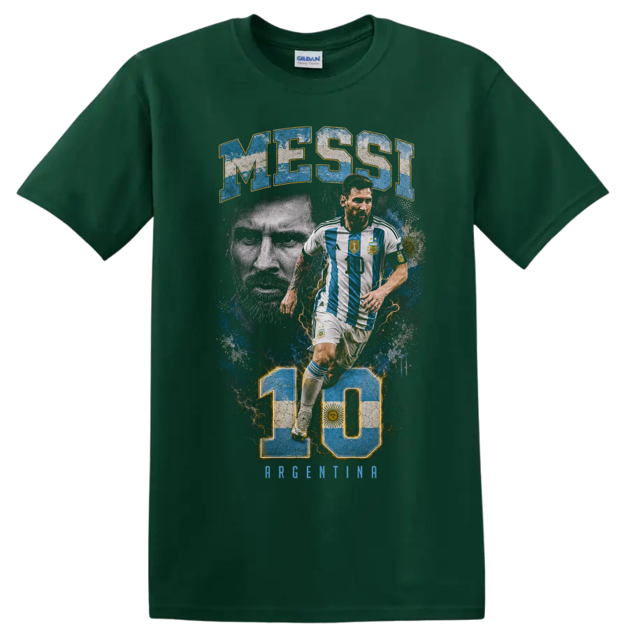 Lionel Messi Argentina number 10 soccer graphic with MESSI text on a Forest Green T Shirt