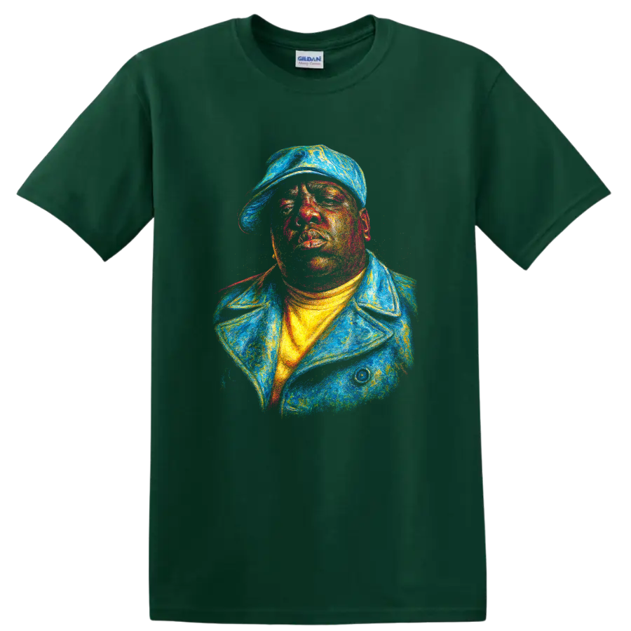 Colorful textured portrait of The Notorious B.I.G. in a cap and jacket on a Forest Green T Shirt