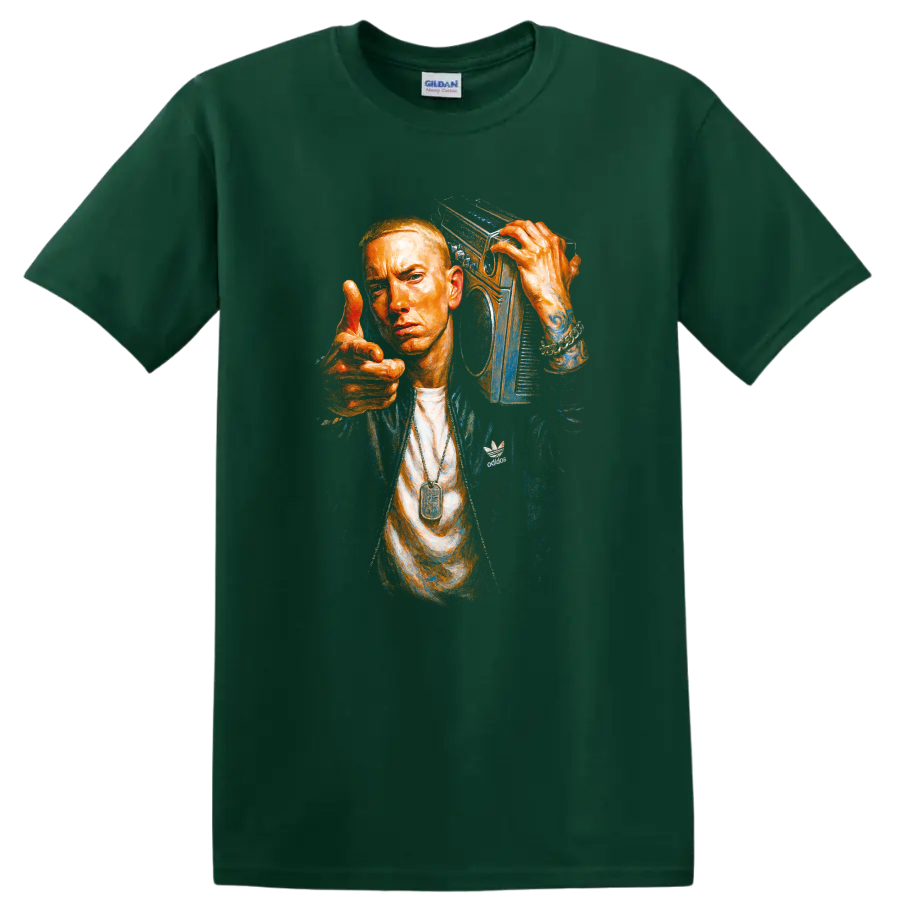 Eminem portrait graphic with boombox in vivid orange and blue on a Forest Green T Shirt