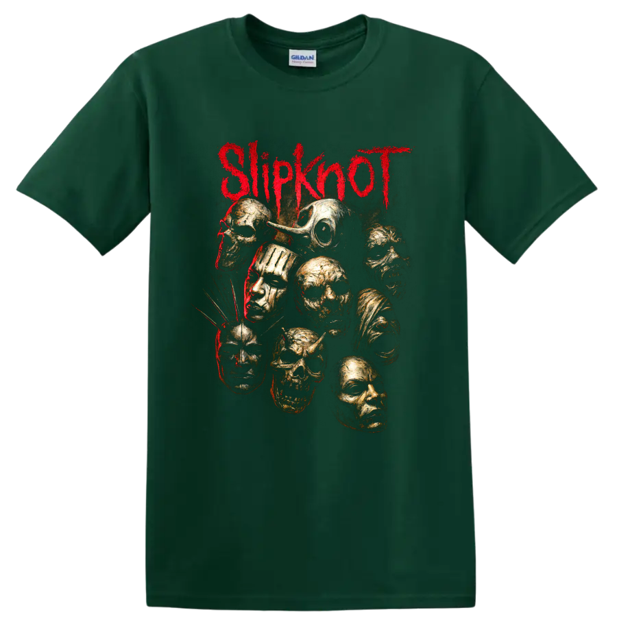 Slipknot red logo with distressed gold masks and skull-like faces on a Forest Green T Shirt