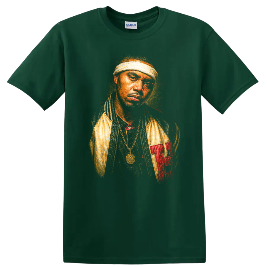 LL Cool J classic hip hop portrait graphic with headband and gold chain on a Forest Green T Shirt