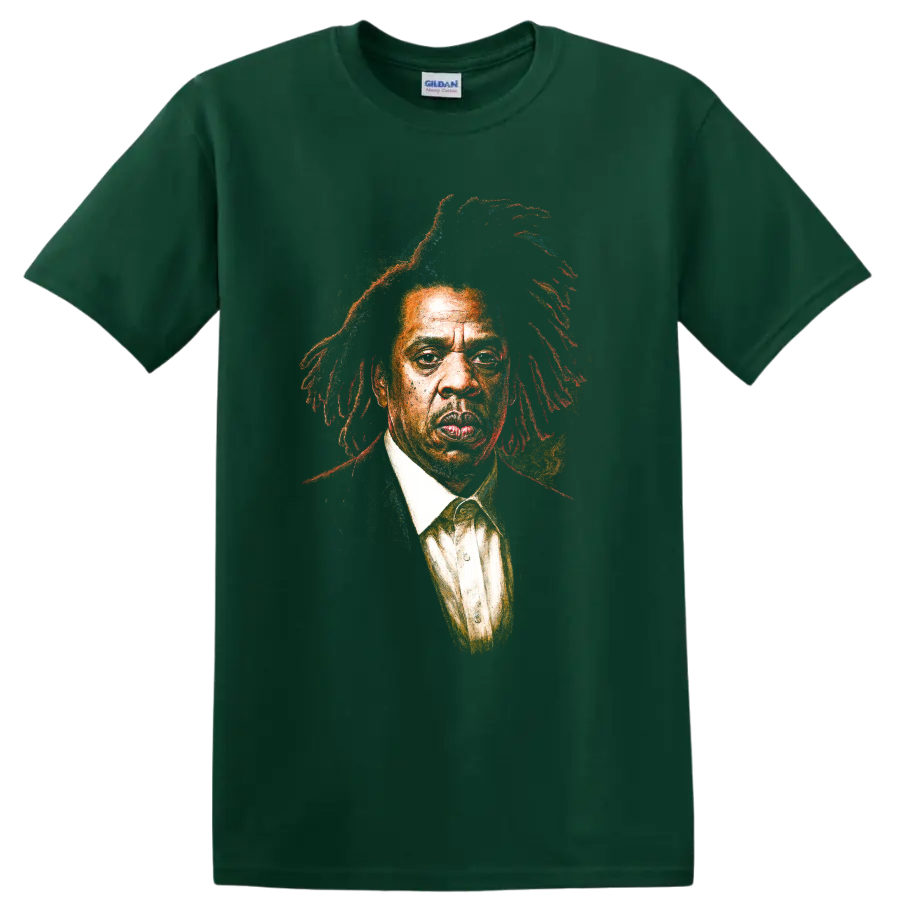 Jay-Z portrait graphic print with colorful painterly hip-hop textures on a Forest Green T Shirt