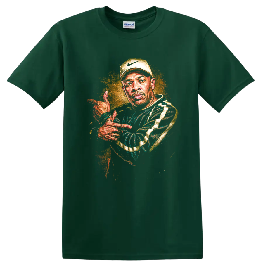 Dr. Dre portrait in vibrant hand-painted West Coast hip-hop style on a Forest Green T Shirt