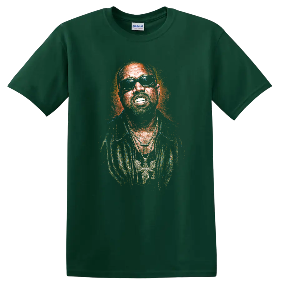 Kanye West stylized portrait with negative thermal-effect artwork on a Forest Green T Shirt