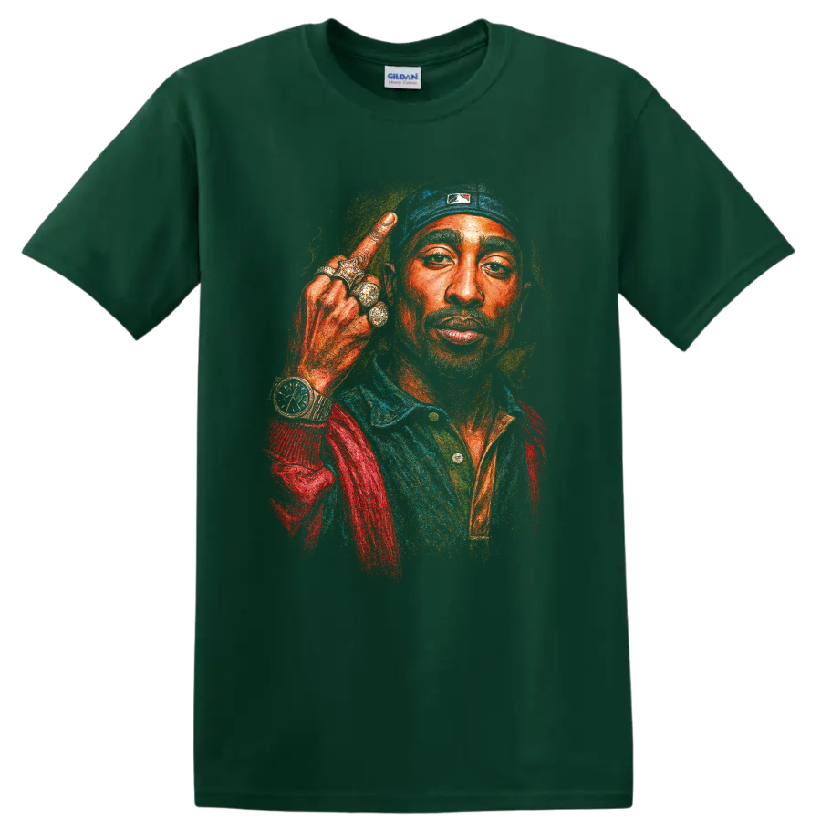 Colorful Tupac Shakur 2Pac hip-hop portrait graphic print on a Forest Green T Shirt