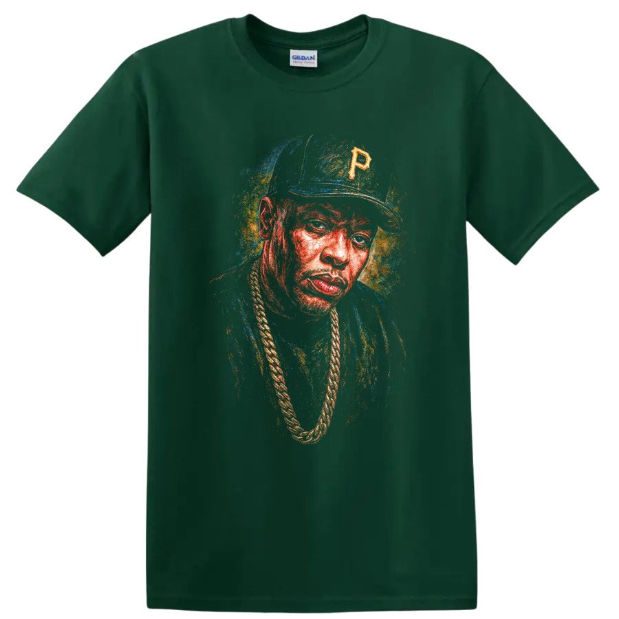 Oil-painted portrait of The Notorious B.I.G. in colorful hip-hop artwork on a Forest Green T Shirt