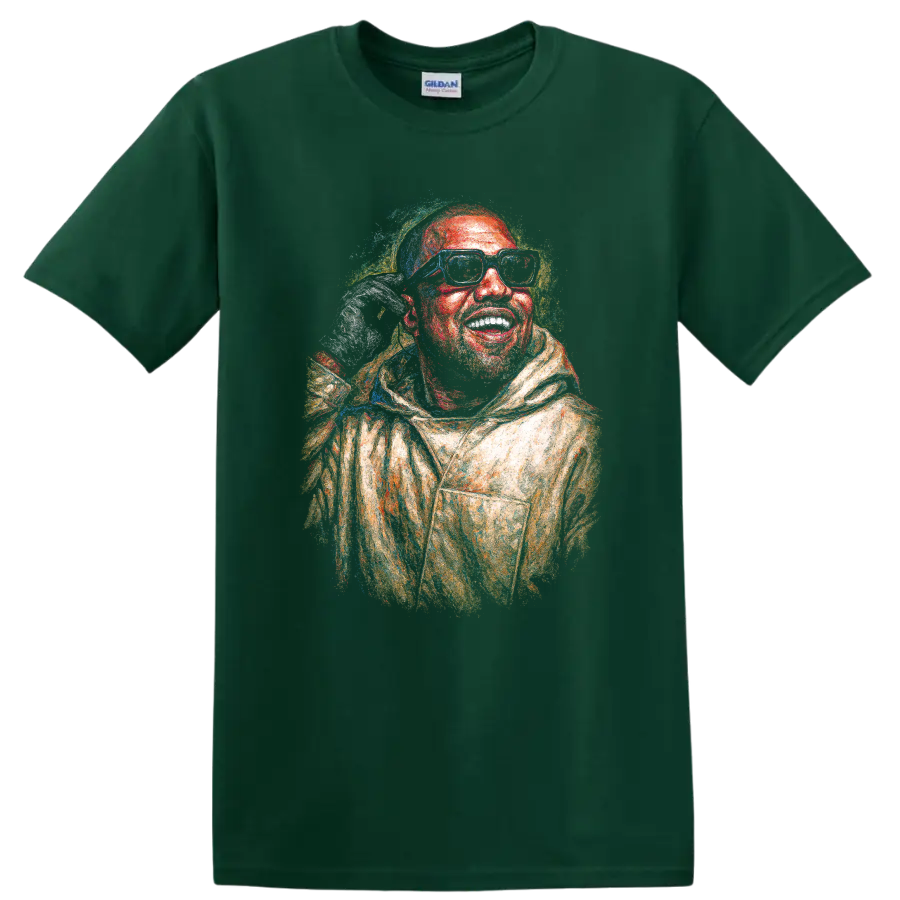 Colorful textured portrait of CeeLo Green wearing glasses and a hood on a Forest Green T Shirt