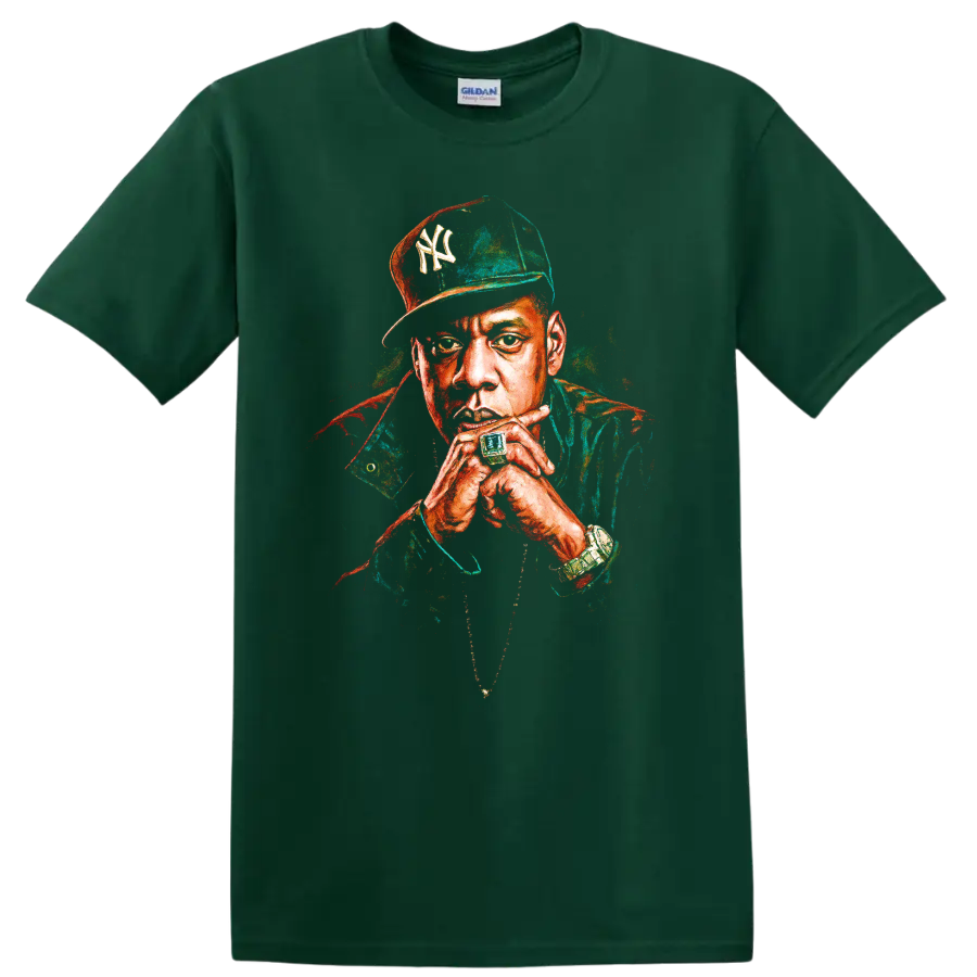 Jay-Z pop-art portrait wearing a New York Yankees-inspired cap on a Forest Green T Shirt