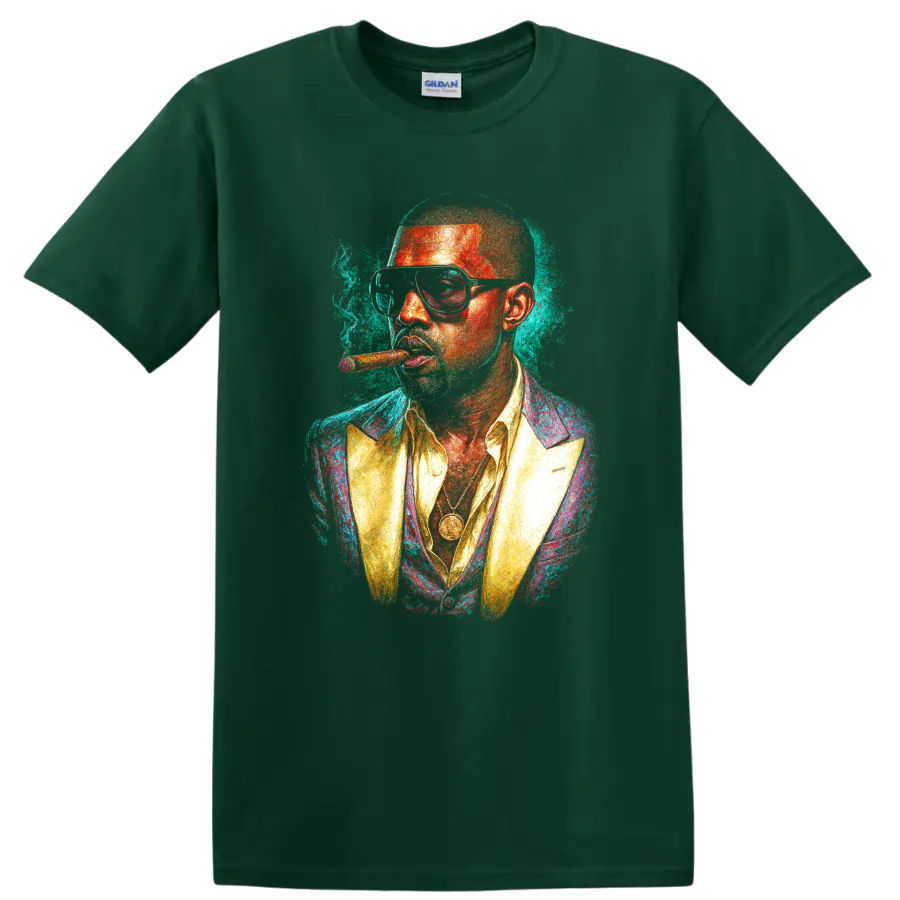 Stylized colorful portrait of Pitbull wearing glasses and a suit on a Forest Green T Shirt