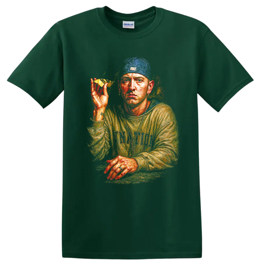 Eminem hip-hop portrait artwork with vivid illustrated colors on a Forest Green T Shirt