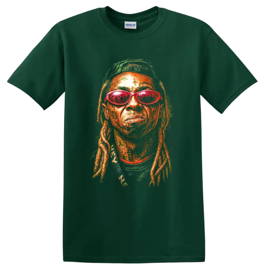 Lil Wayne pop-art portrait with red sunglasses and detailed locs on a Forest Green T Shirt