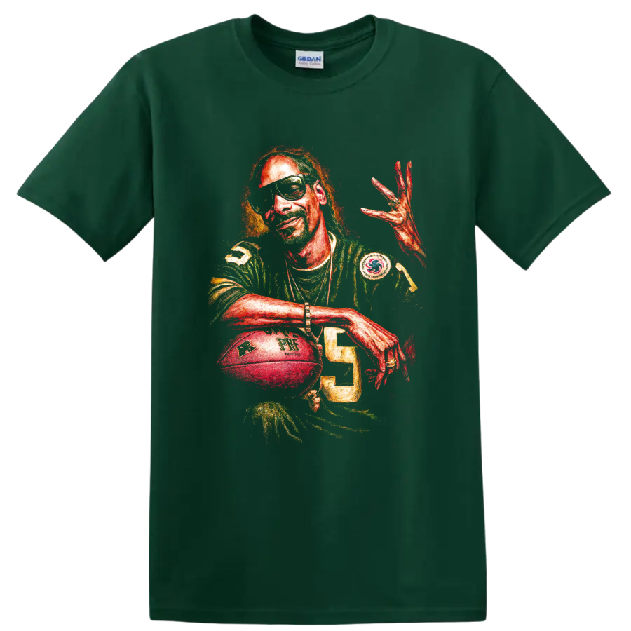 Snoop Dogg hip-hop portrait with football-inspired jersey and sunglasses on a Forest Green T Shirt