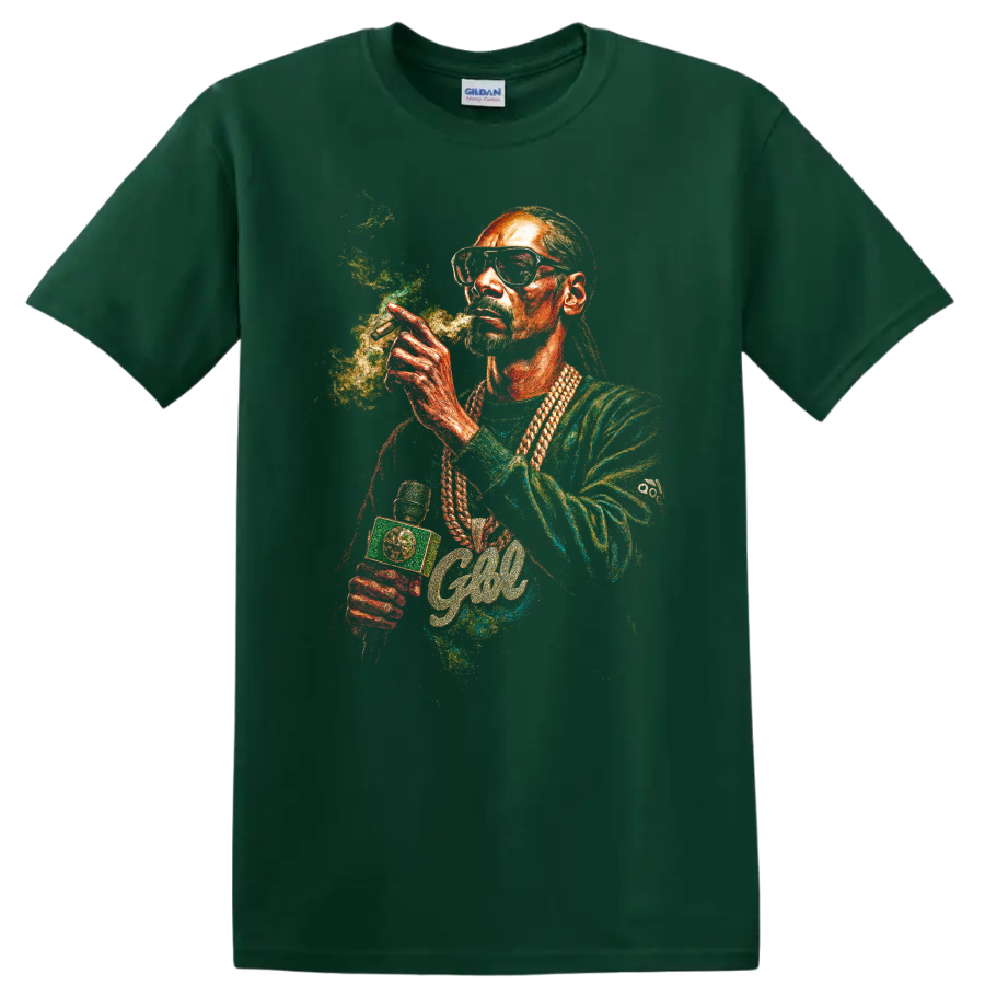 Colorful Snoop Dogg hip-hop portrait artwork with sunglasses and braids on a Forest Green T Shirt
