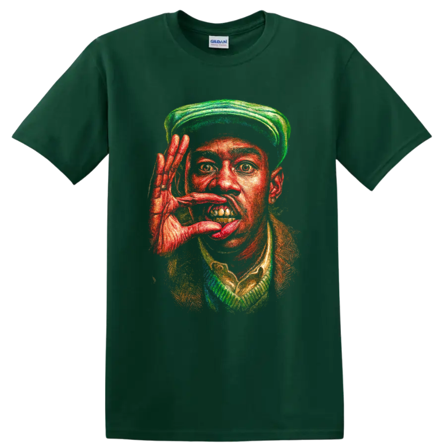 Tyler, the Creator IGOR-inspired colorful painted portrait on a Forest Green T Shirt