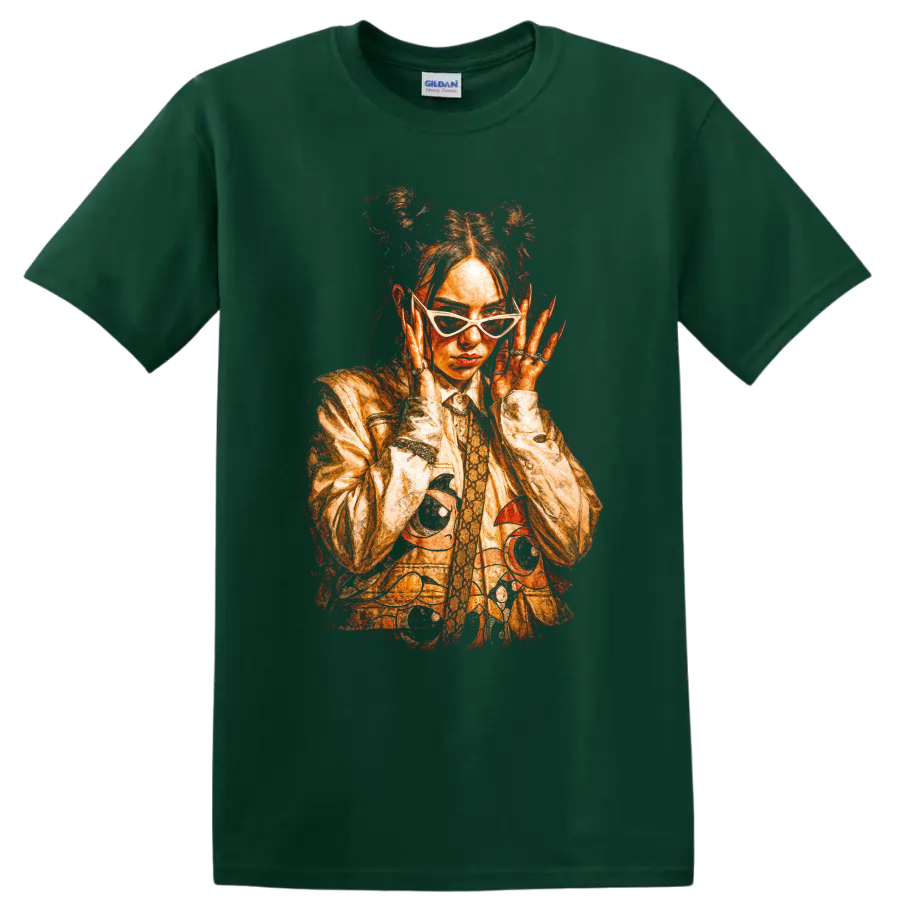 Billie Eilish fiery red-orange pop art portrait with sunglasses on a Forest Green T Shirt