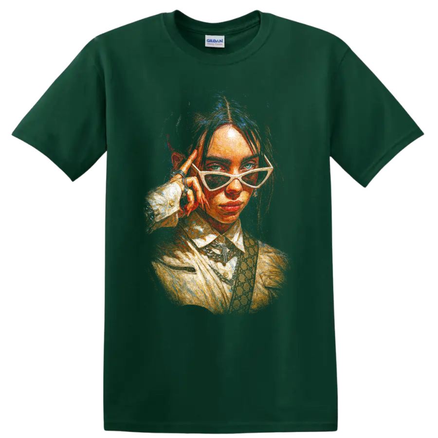 Billie Eilish stylized pop art portrait with white sunglasses on a Forest Green T Shirt
