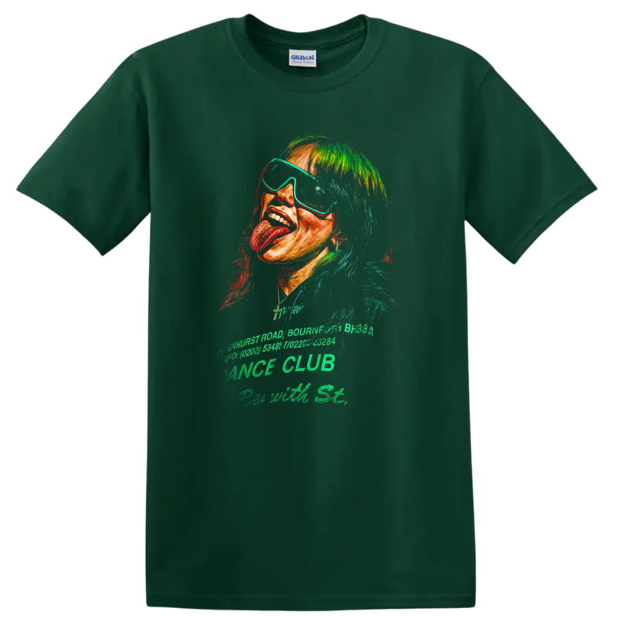 Billie Eilish neon pop art portrait fan-art graphic print on a Forest Green T Shirt