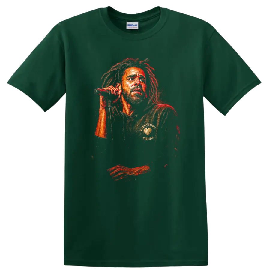 Stylized Bob Marley reggae portrait with microphone in red and orange tones on a Forest Green T Shirt