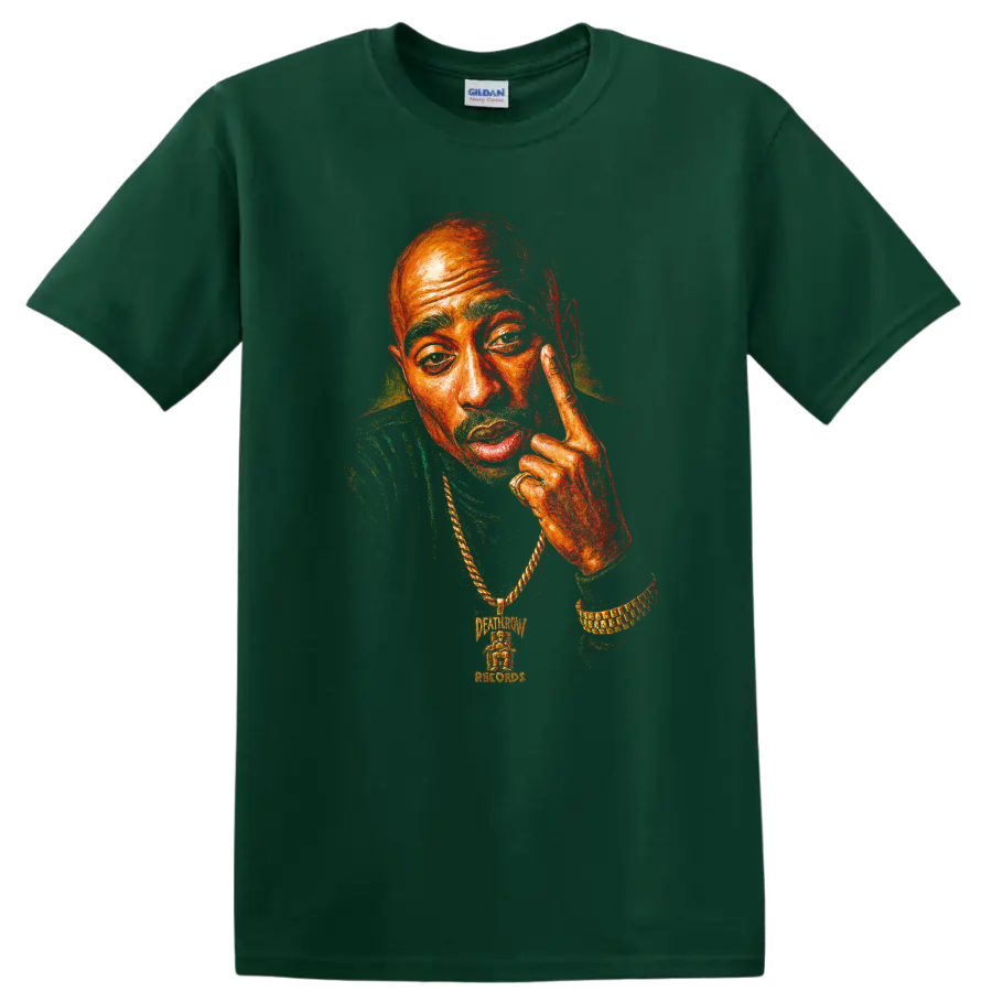 Tupac Shakur portrait in vivid red and orange hip-hop graphic style on a Forest Green T Shirt