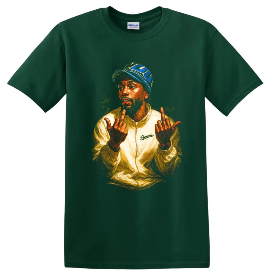 Tyler, the Creator color-pencil hip-hop portrait with raised hands on a Forest Green T Shirt