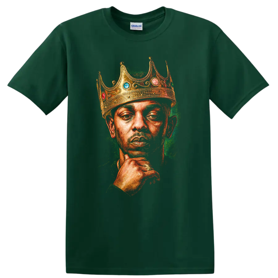 Kendrick Lamar crowned portrait graphic in vivid hip-hop illustration style on a Forest Green T Shirt