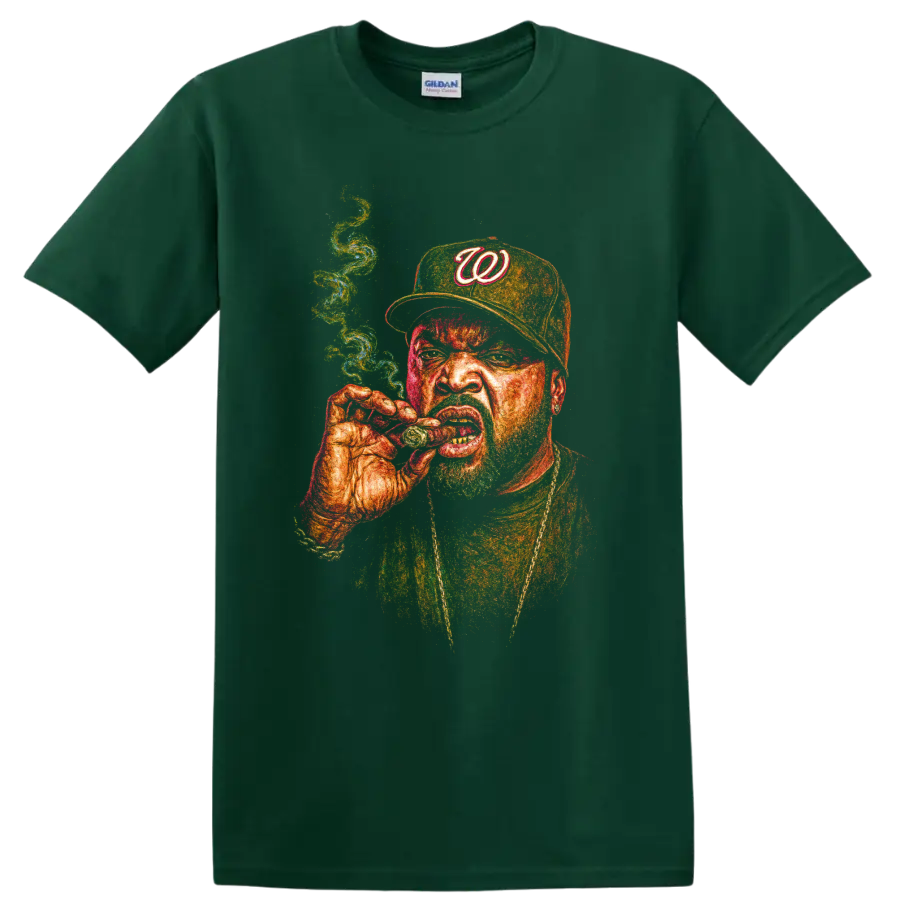 Ice Cube hip-hop portrait with Washington W cap and smoking pose on a Forest Green T Shirt
